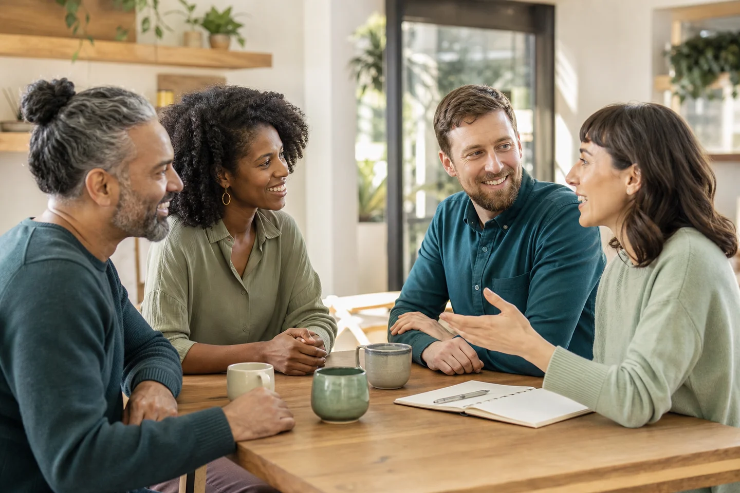 Four adults smiling and listening to one another around a cafe table.