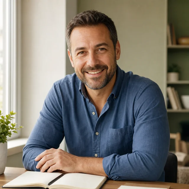 Illustrative portrait of a smiling man beside a notebook in a sunlit workspace.