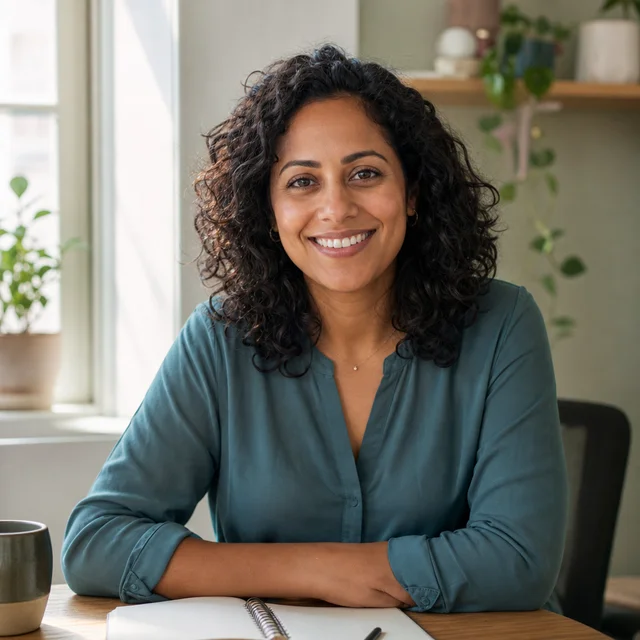 Illustrative portrait of a smiling woman beside a notebook in a sunlit workspace.